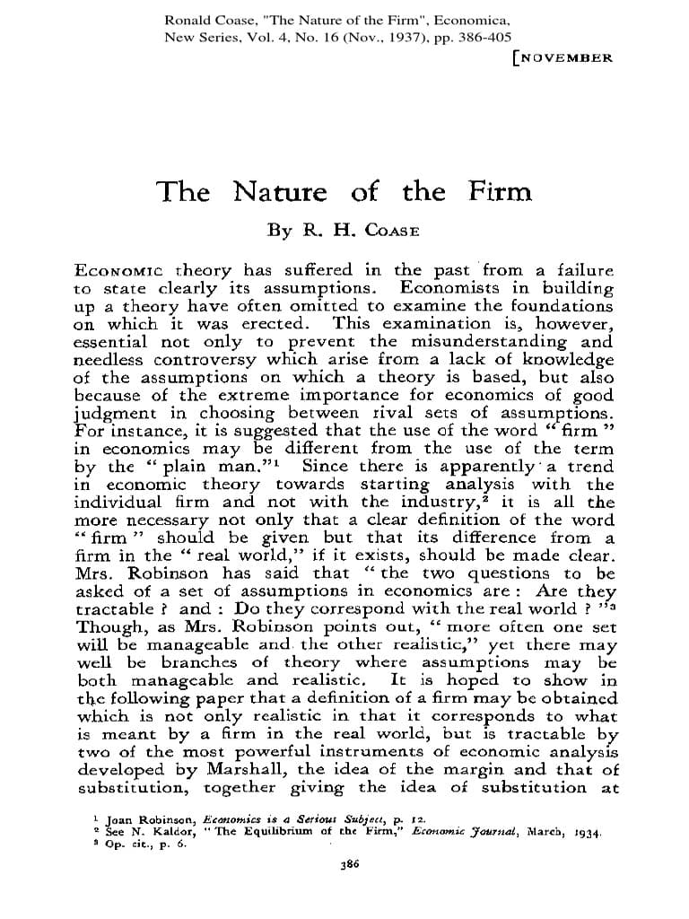 First page of The Nature of the Firm by Ronald Coase