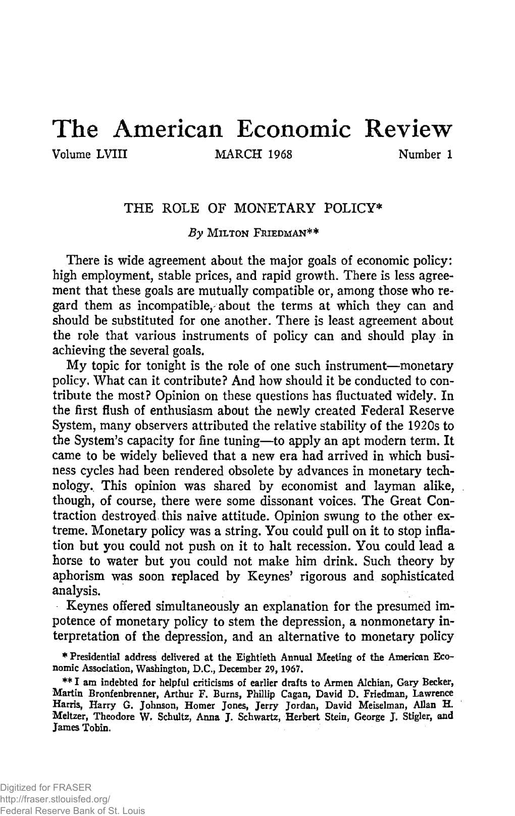 First page of The Role of Monetary Policy by Milton Friedman