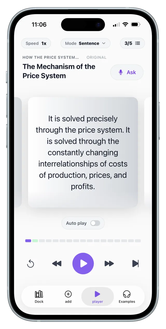ListenDock sentence by sentence mode on iPhone, screenshot 1